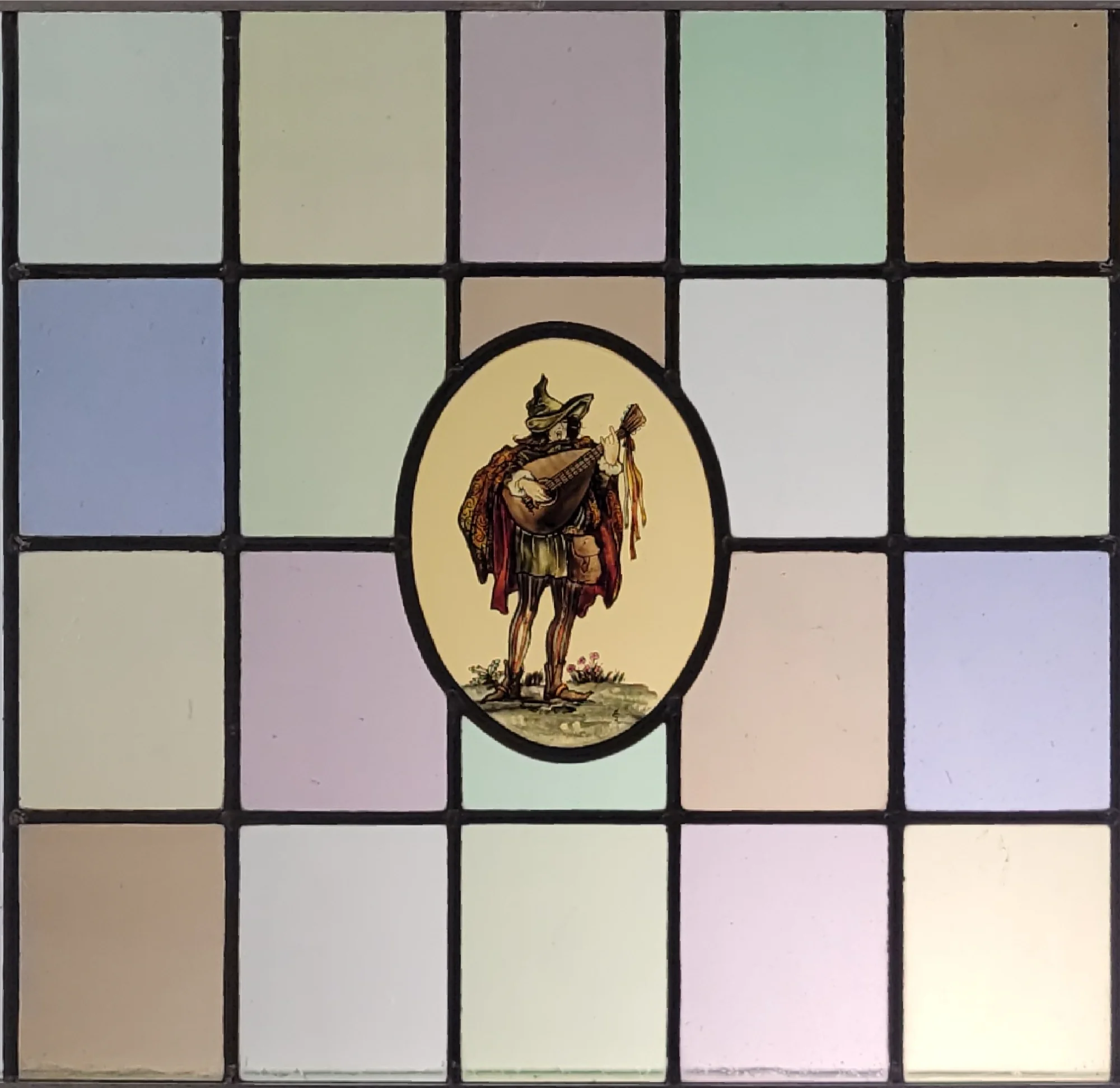 Gebrandschilderd glas in lood muzikant antiekglas