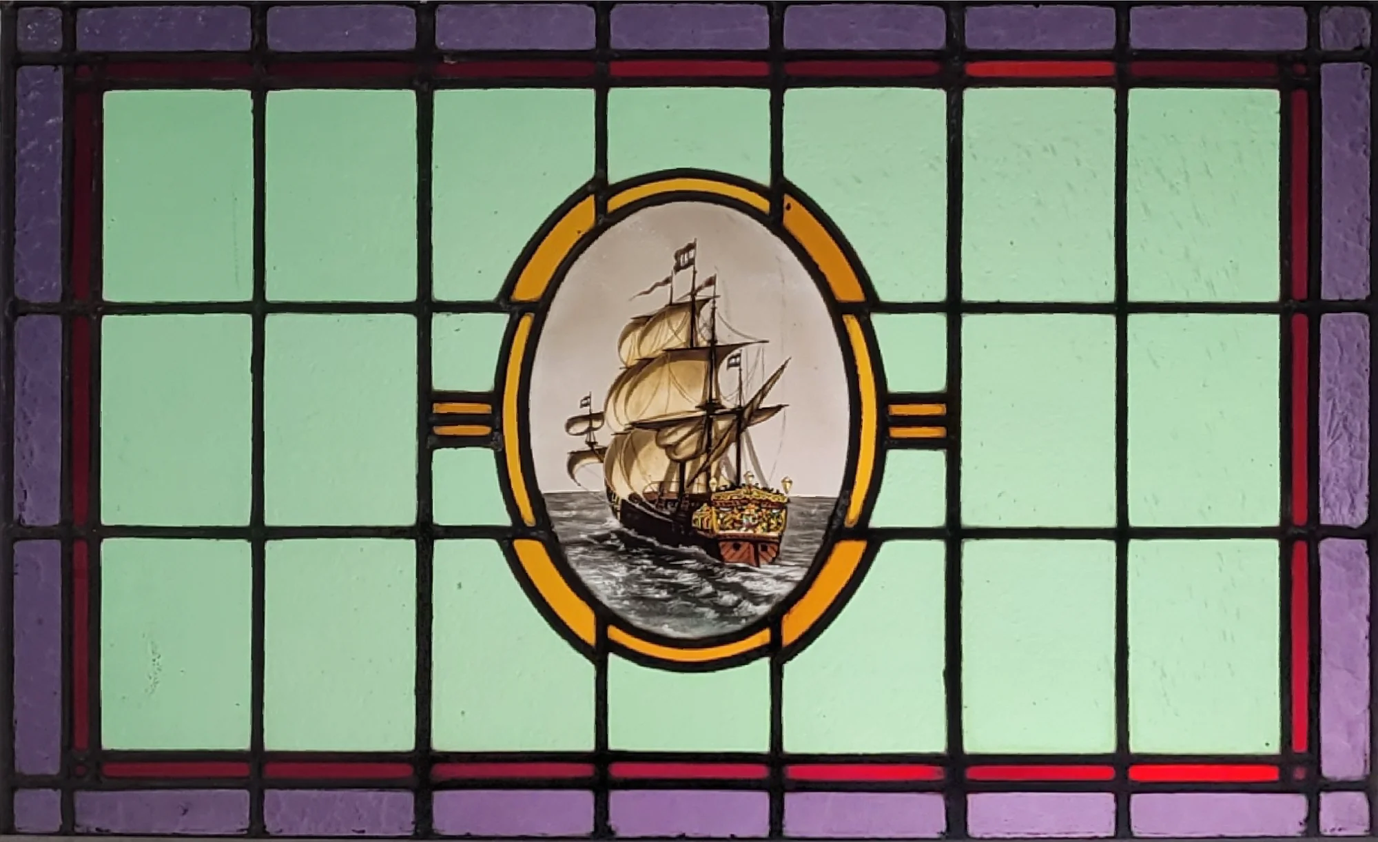 Gebrandschilderd glas in lood medaillon zeilschip